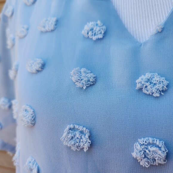 Miholl Blue Loose Flowy Short Dress Textured Dots V-Neck Pockets Short Sleeves - Picture 7 of 15